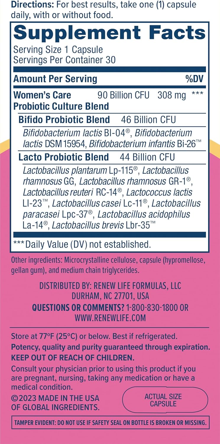 Renew Life Women's Probiotic Capsules, Supports pH Balance for Women, Vaginal, Urinary, Digestive and Immune Health, L. Rhamnosus GG, Dairy, Soy and Gluten-Free, 90 Billion CFU - 30 Ct : Health & Household