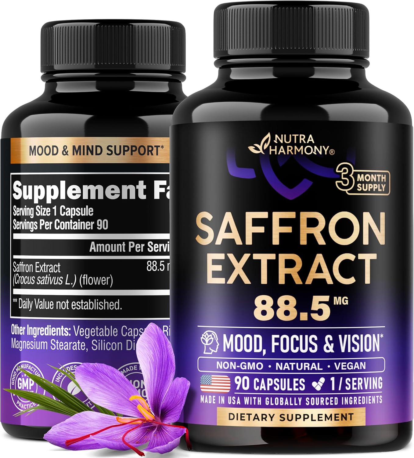 Natural Saffron Supplements - Pure Saffron Extract 88.5 Mg - Made In Usa - Mood | Focus | Vision | Energy Support - Eye Health For Women & Men - Nongmo Vegan Pills - 180 Powder Capsules