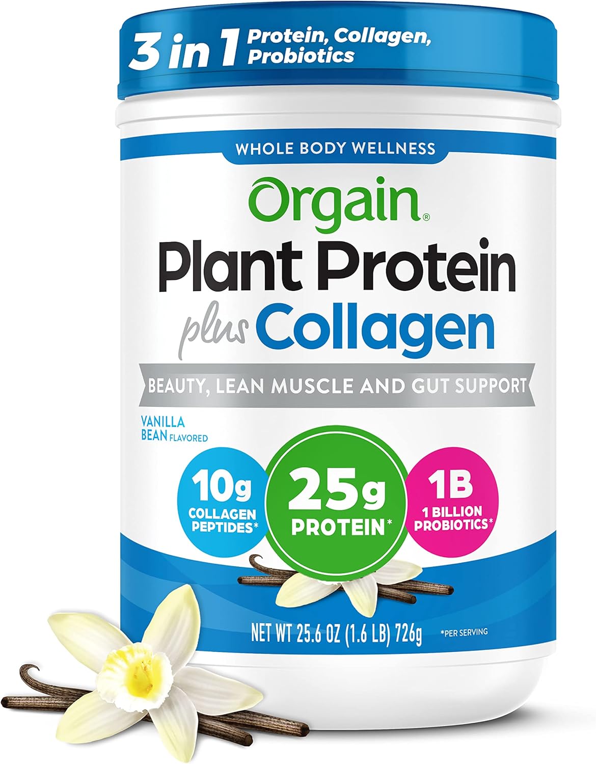 Orgain Protein Powder + Collagen, Vanilla Bean - 25G Of Protein, 10G Collagen Peptides, Type I & Iii, 1B Cfu Probiotics, Supports Hair, Skin, Nail, Joint & Gut Health, Gluten Free - 1.6Lb