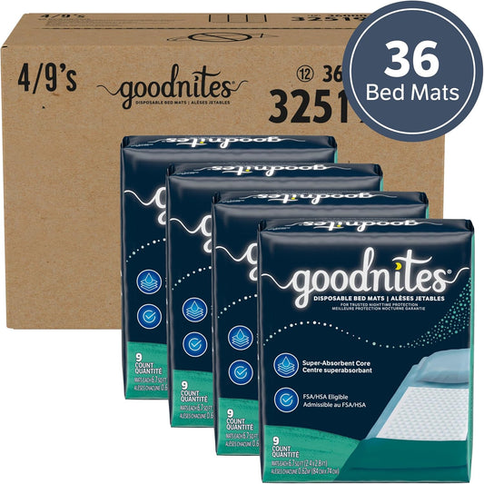 Goodnites Disposable Bed Pads/Bed Mats For Bedwetting, 2.4 X 2.8 Ft, 36 Ct (4 Packs Of 9)