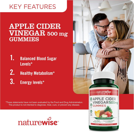 Naturewise Apple Cider Vinegar Gummies - 1000Mg Acv Per 2 + Vitamin B12 - Pectin Based Vegan, Gluten-Free, Non-Gmo -90 Count[45-Day Supply For 1000Mg Or 3-Months For 500Mg]
