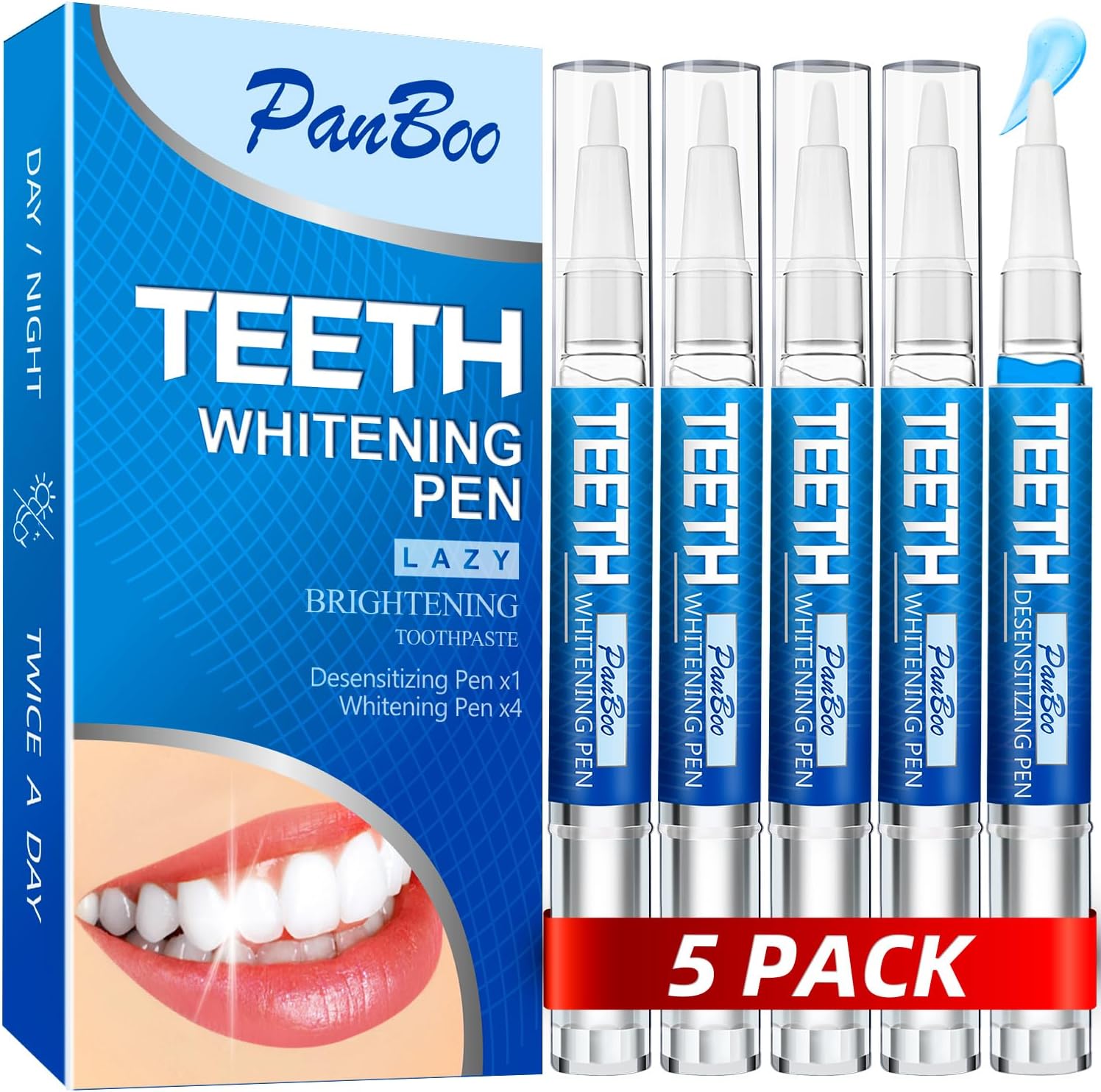 Teeth Whitening Pen 4+1(5 Pack), 70+ Treatments, Use Twice A Day Up To 1-6 Shade Whiter In 1-2 Weeks, 4 Whitening Pens Plus 1 Desensitizing Pen, Effective, Painless And Enamel Safe Teeth Whitening Gel