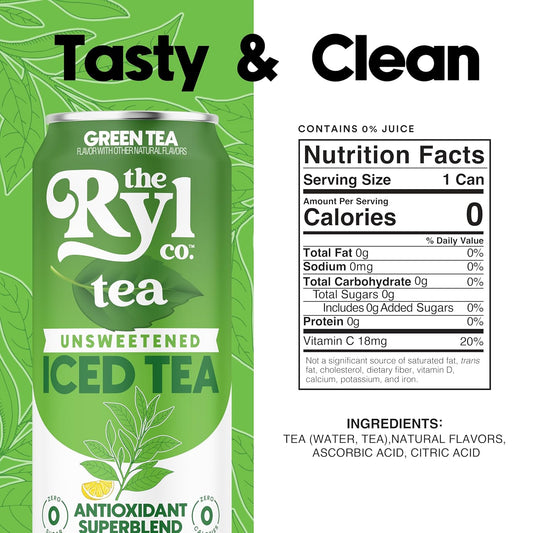 Ryl Iced Tea, Unsweetened Green Tea, Antioxidant Superblend, Zero Sugar, Zero Carb, Zero Calorie Iced Tea, 16.0 Fl Oz (12-Pack)