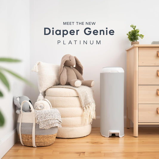 Diaper Genie Platinum Pail (Stone Grey) Is Made In Durable Stainless Steel And Includes 1 Easy Roll Refill With 18 Bags That Can Last Up To 5 Months