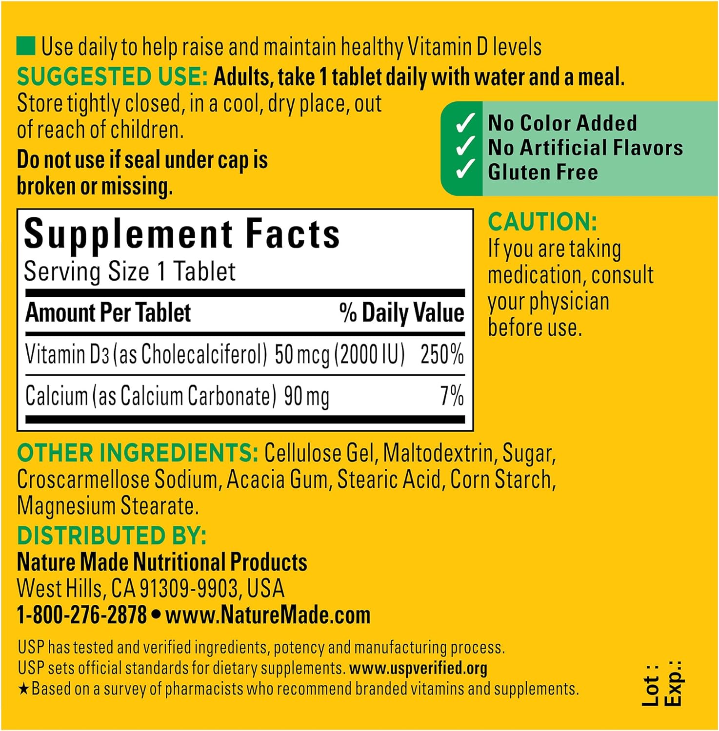 Nature Made Vitamin D3 2000 IU (50 mcg), Dietary Supplement for Bone, Teeth, Muscle and Immune Health Support, 100 Tablets, 100 Day Supply : Health & Household