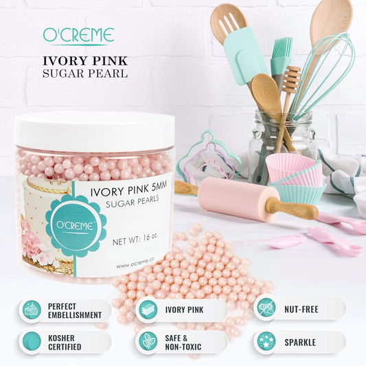 O'Creme Pink-Ivory Edible Sugar Pearls Cake Decorating Supplies For Bakers: Cookie, Cupcake & Icing Toppings, Beads Sprinkles For Baking, Certified, Candy Sugar Ball Accents (12Mm, 8 Oz)