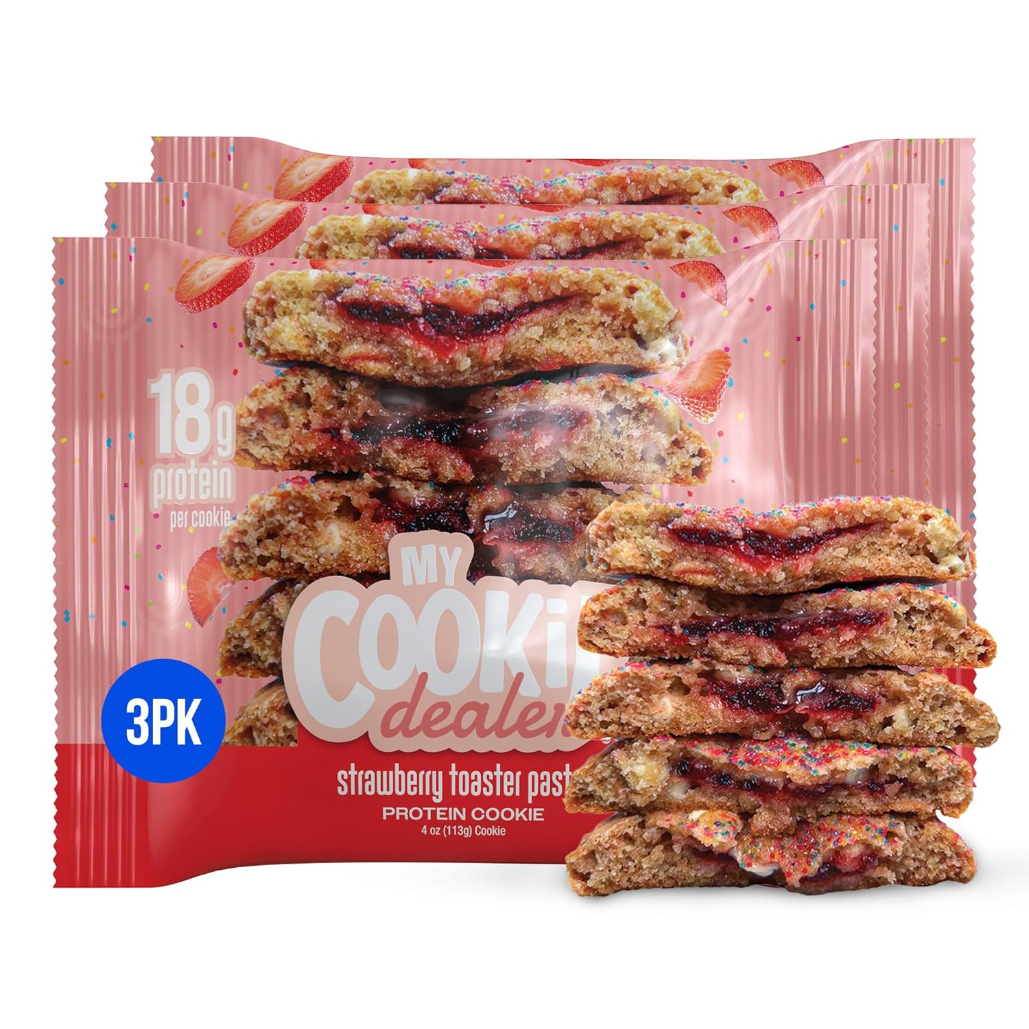 My Cookie Dealer Soft Baked Protein Cookies, Strawberry Toaster Pastry (3-Pack, 4Oz Cookie) - 18G Protein Per Cookie (Made With Raw Nutrition Protein) - Individu