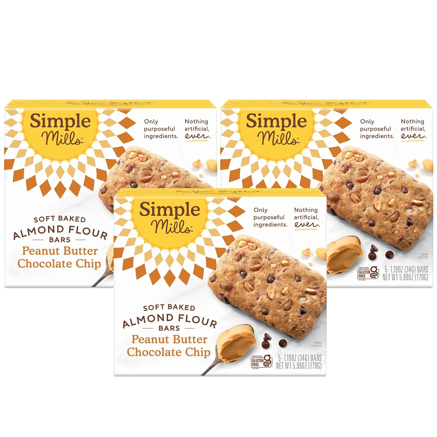Simple Mills Almond Flour Snack Bars, Peanut Butter Chocolate Chip - Gluten Free, Made with Organic Coconut Oil, Breakfast Bars, Healthy Snacks, Paleo Friendly, 6 Ounce (Pack of 3)