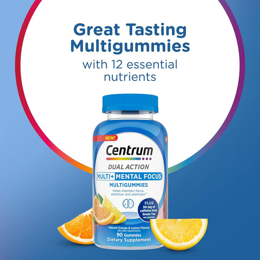 Centrum Multigummies Multi+ Dual Action Mental Focus Adult Multivitamin With Caffeine From Green Tea, Supports Mental Focus, Attention And Alertness, Lemon/Orange Flavors - 90 Count