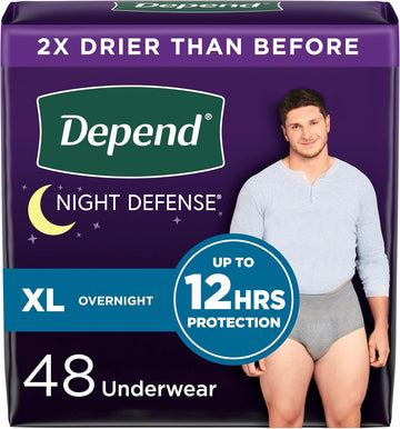 Depend Night Defense Adult Incontinence Underwear For Men, Disposable, Overnight, Extra-Large, Grey, 48 Count (4 Packs Of 12), Packaging May Vary