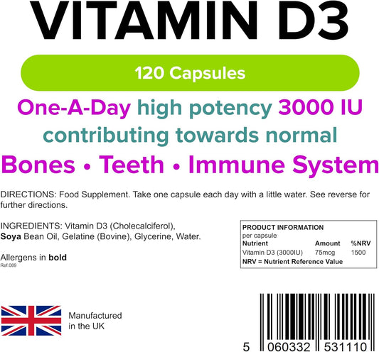 Lindens Vitamin D3 3000IU - 120 Capsules - High-Potency - 1500% NRV - Contributes to Normal Bones, Teeth & Immune System - 4 Months Supply - GMP & Letterbox Friendly - UK Made
