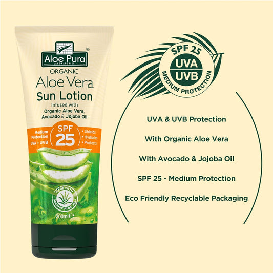 Aloe Pura, Organic Aloe Vera Sun Lotion Spf 25, Natural, Vegetarian, Cruelty Free, Paraben & Sls Free, Long-Lasting Shield, Medium Protection, 200Ml