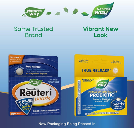 Nature'S Way Primadophilus Reuteri Probiotic Pearls For Men And Women, Digestive And Immune Health*, 1 Billion Culture, 4 Probiotic Strains, Survives Stomach Acid, 60 Softgels (Packaging May Vary)
