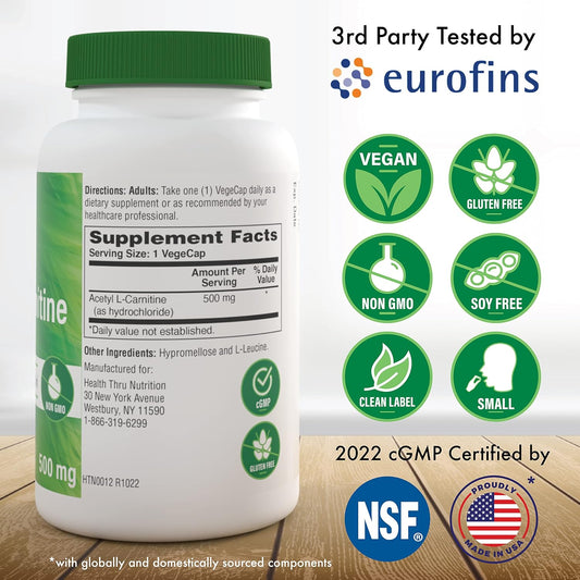 Health Thru Nutrition Acetyl L-Carnitine 500Mg 60 Capsules | Supports Cognition & Mental Function | Memory & Attention | Non-Gmo, 3Rd Party Tested, Hypoallergenic, Gluten Free, Soy Free, Vegan