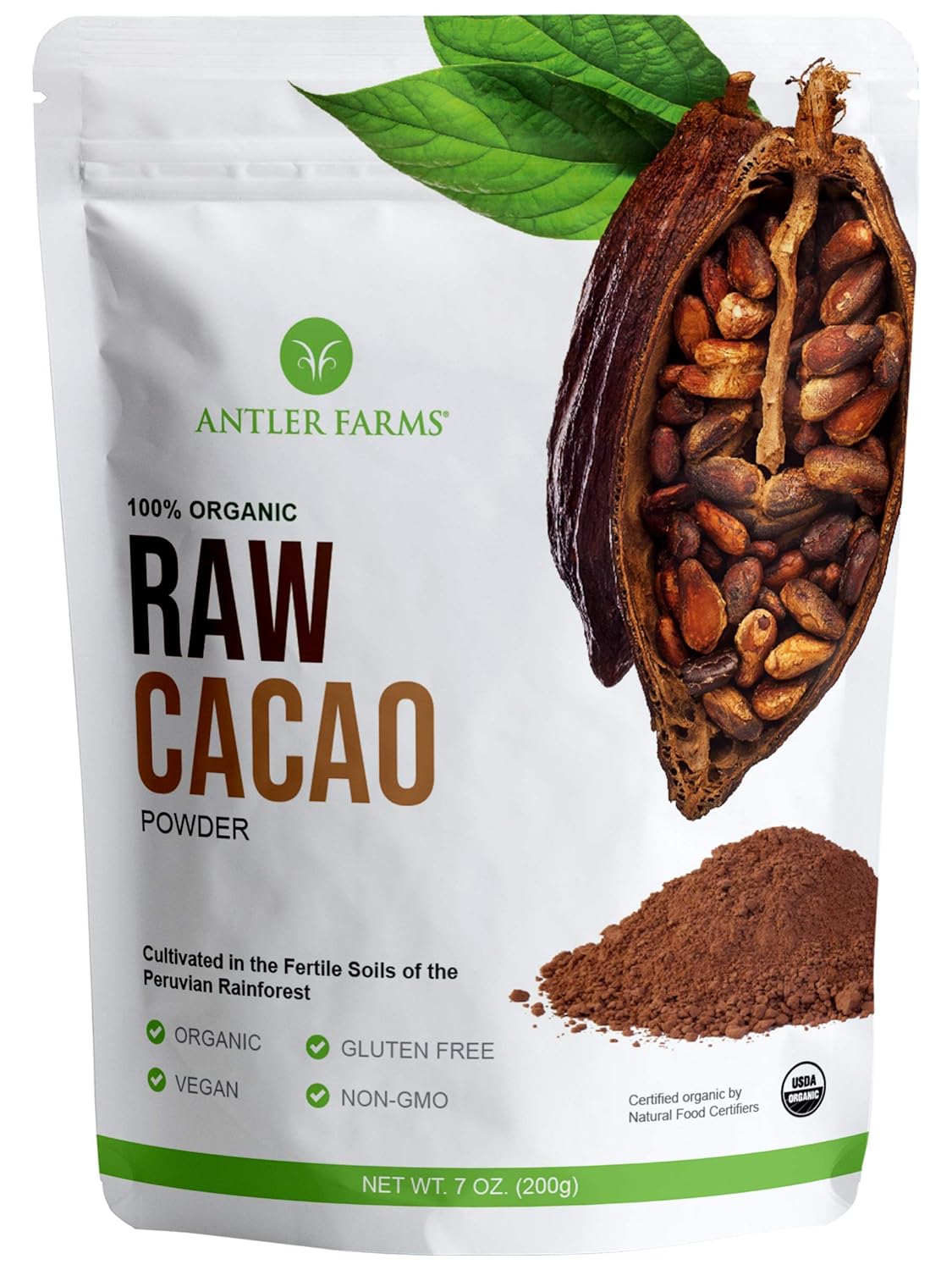 Antler Farms - 100% Pure Organic Raw Cacao Powder, 40 Servings, 200G - Vegan, Gluten Free, Cultivated Naturally In Amazon Rainforest, Certified Usda Organic