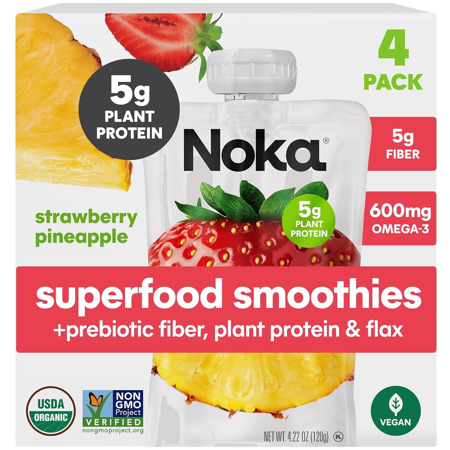 Noka Superfood Smoothie Pouches (Strawberry Pineapple) 4 Pack, With Plant Protein, Prebiotic Fiber & Flax Seed, Organic, Gluten Free, Vegan, Healthy Fruit Squeeze Snack Pack, 4.22Oz Ea