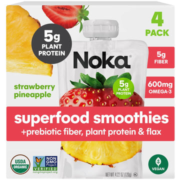 Noka Superfood Smoothie Pouches (Strawberry Pineapple) 4 Pack, With Plant Protein, Prebiotic Fiber & Flax Seed, Organic, Gluten Free, Vegan, Healthy Fruit Squeeze Snack Pack, 4.22Oz Ea