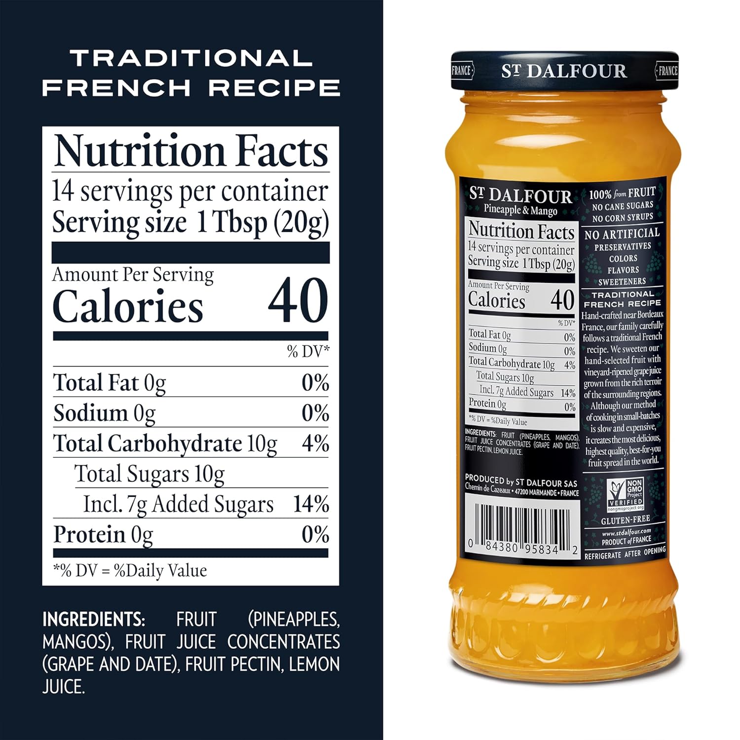 St. Dalfour Pineapple & Mango Fruit Spread - 10Oz - 100% From Fruit, No Artificial Ingredients, Non-Gmo, No Cane Sugars, All Natural, Made In France : Grocery & Gourmet Food