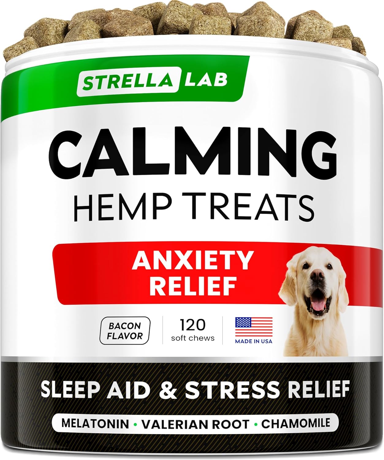 STRELLALAB Hemp Calming Chews for Dogs Anxiety Relief - Made in USA w/Hemp Oil - Dog Training & Behavior Aid - Natural Stress Relief During Firework, Storm, Separation, Barking - 120 Treats - Bacon