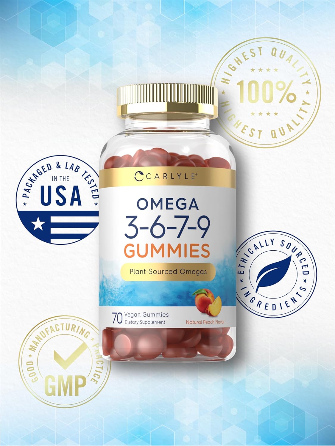 Carlyle Omega 3 6 7 9 Gummies | 70 Count | Vegan Plant Sourced Supplement | Peach Flavor : Health & Household