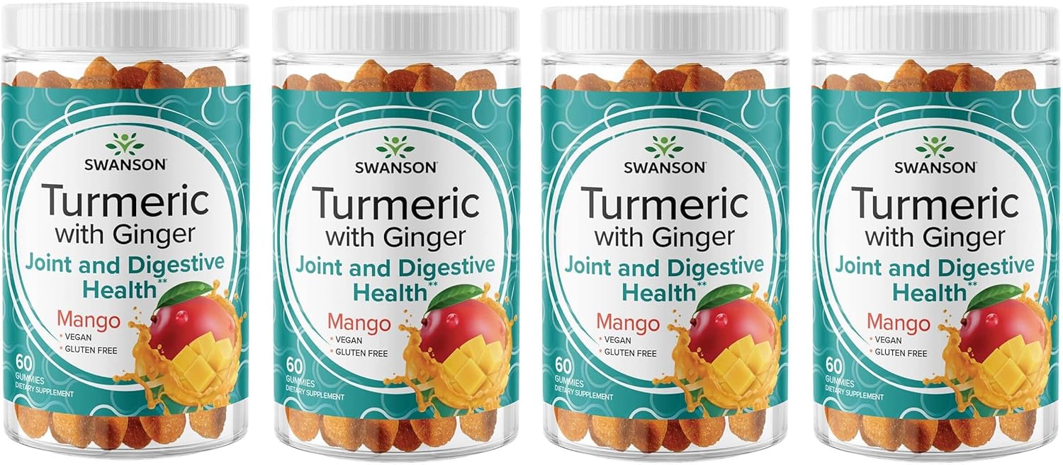 Swanson Turmeric With Ginger Gummies - All Natural Supplement Promoting Digestive & Immune System Health - Helps To Support Joint Function & Movement Ability - (Mango, 60 Gummies) (4 Pack)