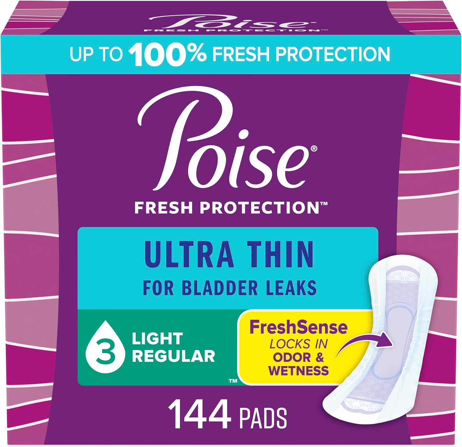 Poise Ultra Thin Incontinence Pads & Postpartum Incontinence Pads, 3 Drop Light Absorbency, Regular Length, 144 Count (3 Packs Of 48), Packaging May Vary