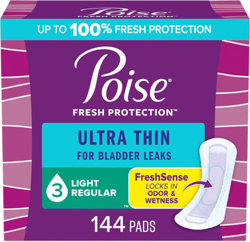 Poise Ultra Thin Incontinence Pads & Postpartum Incontinence Pads, 3 Drop Light Absorbency, Regular Length, 144 Count (3 Packs Of 48), Packaging May Vary