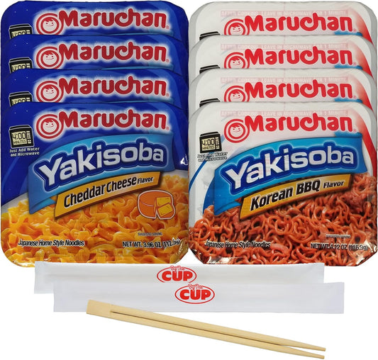 Maruchan Yakisoba Variety, 4 of each Flavor (Pack of 8), Cheddar Cheese & BBQ, Single Serving Japanese Ramen Noodles with By The Cup Chopsticks