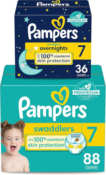 Pampers Disposable Diapers Size 7, Swaddlers One Month Supply (88 Count) + Overnight (36 Count)