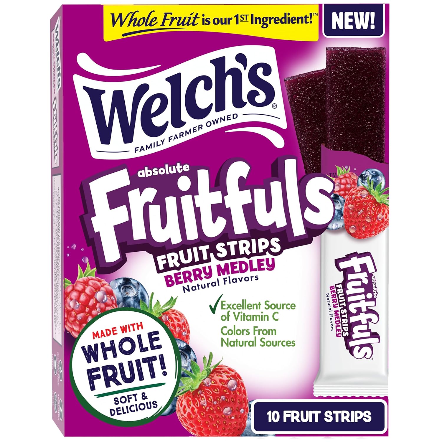 Welch’S Absolute Fruitfuls Fruit Strips, Berry Medley Flavored Fruit Leather, Tasty Dried Fruit Snacks For School Lunches, Berry Medley, 0.5Oz (Pack Of 10)