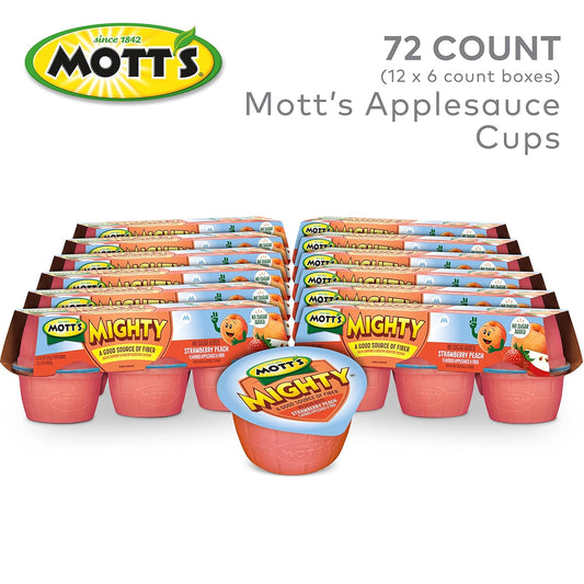 Mott'S Mighty Strawberry Peach Applesauce, 3.9 Oz Cups, 72 Count (12 Packs Of 6), No Sugar Added, Good Source Of Fiber, Supports A Healthy Digestive System, Gluten-Free, Kosher