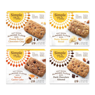 Simple Mills Almond Flour Snack Bars (Nutty Banana, Spiced Carrot Cake, Dark Chocolate Almond, Peanut Butter Chocolate Chip) - Gluten Free, Made with Organic Coconut Oil, Breakfast Bars, Healthy Snacks, 6 Ounce (Pack of 4)