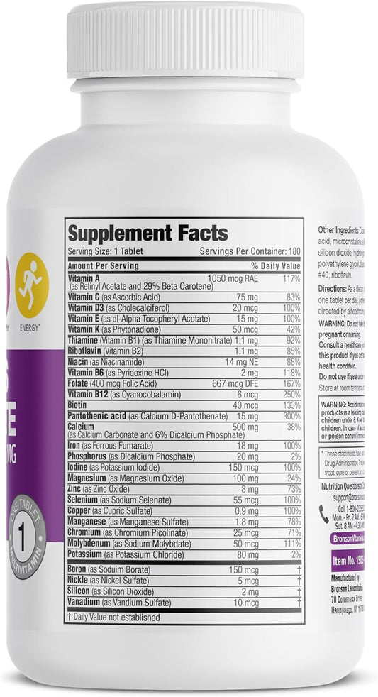 Bronson One Daily Women’S Complete Multivitamin Multimineral Once-Daily Multi For Active Women, 180 Tablets