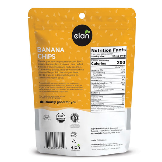 Elan Organic Banana Chips, 4.8 Oz, Non-Gmo, Vegan, Gluten-Free, Kosher, Sweetened With Organic Sugar, Crunchy Snacks, Sweet Snacks