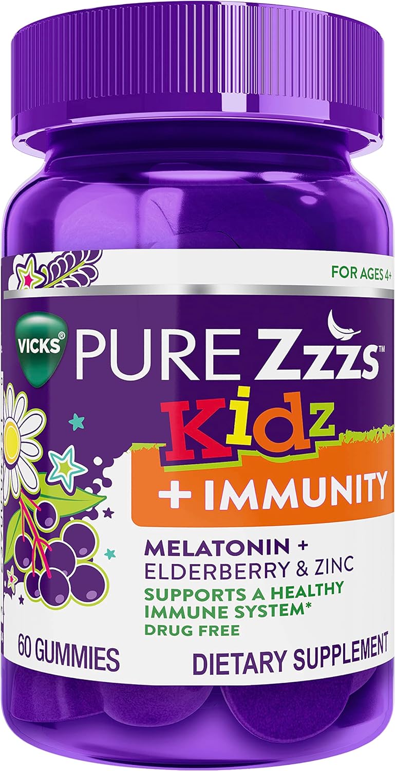 VICKS PURE Zzzs Kidz + Immunity, Melatonin Sleep Aid Gummies for Kids and Children, Zinc for Immune Support, Low Dose Melatonin, Berry Flavored, 60 Gummies