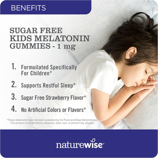 Naturewise Kids Melatonin 1 Mg Sugar-Free Gummies For Children Ages 4 & Up - Non-Habit Forming Sleep Aid - Strawberry Flavored - Vegan, No Gluten, Non-Gmo - 90 Count[3-Month Supply]