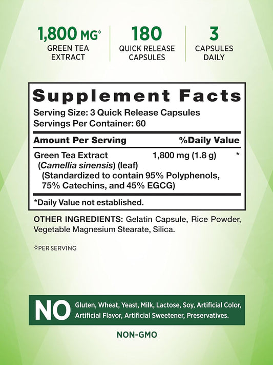 Nature'S Truth Green Tea Extract Capsules | 180 Count | 1800Mg | 45% Egcg Pills | Non-Gmo & Gluten Free Supplement