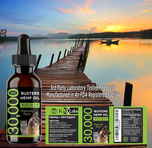 Busters Max Potency Organic Hemp Oil [2Pack, 2Months Supply] & Treats for Dogs & Cats - Perfect Ratio Omega 3 & 6 - Made in USA - Hip & Joint Health, Natural Relief, Calming