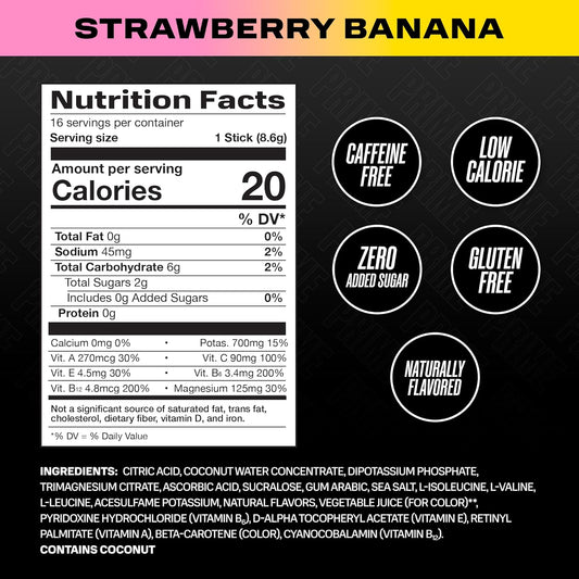 Prime Hydration+ Sticks Strawberry Banana | Hydration Powder Single Serve Sticks | Electrolyte Powder On The Go | Low Sugar | Caffeine-Free | Vegan | 16 Sticks