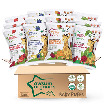 Awsum Organics Baby Snacks - Happy Healthy Baby Food - Snack For Babies - Organic Vegan Kosher Gluten Free - Natural Plant Based Puffs - Non-Allergy - No Added Sugar 0.75 Oz Bag (Variety, 12 Bags)