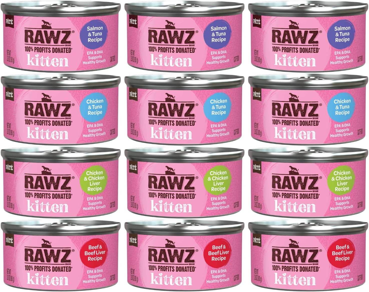 Rawz Natural Premium Kitten Pate Canned Cat Wet Food -12 Pack Cans Variety Flavor Bundle Pack -4 Flavors - (Salmon, Chicken, Tuna, Beef) With Hotspot Pets Can Lid - (2.8 Oz Cans)