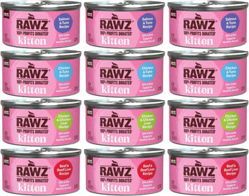 Rawz Natural Premium Kitten Pate Canned Cat Wet Food -12 Pack Cans Variety Flavor Bundle Pack -4 Flavors - (Salmon, Chicken, Tuna, Beef) With Hotspot Pets Can Lid - (2.8 Oz Cans)