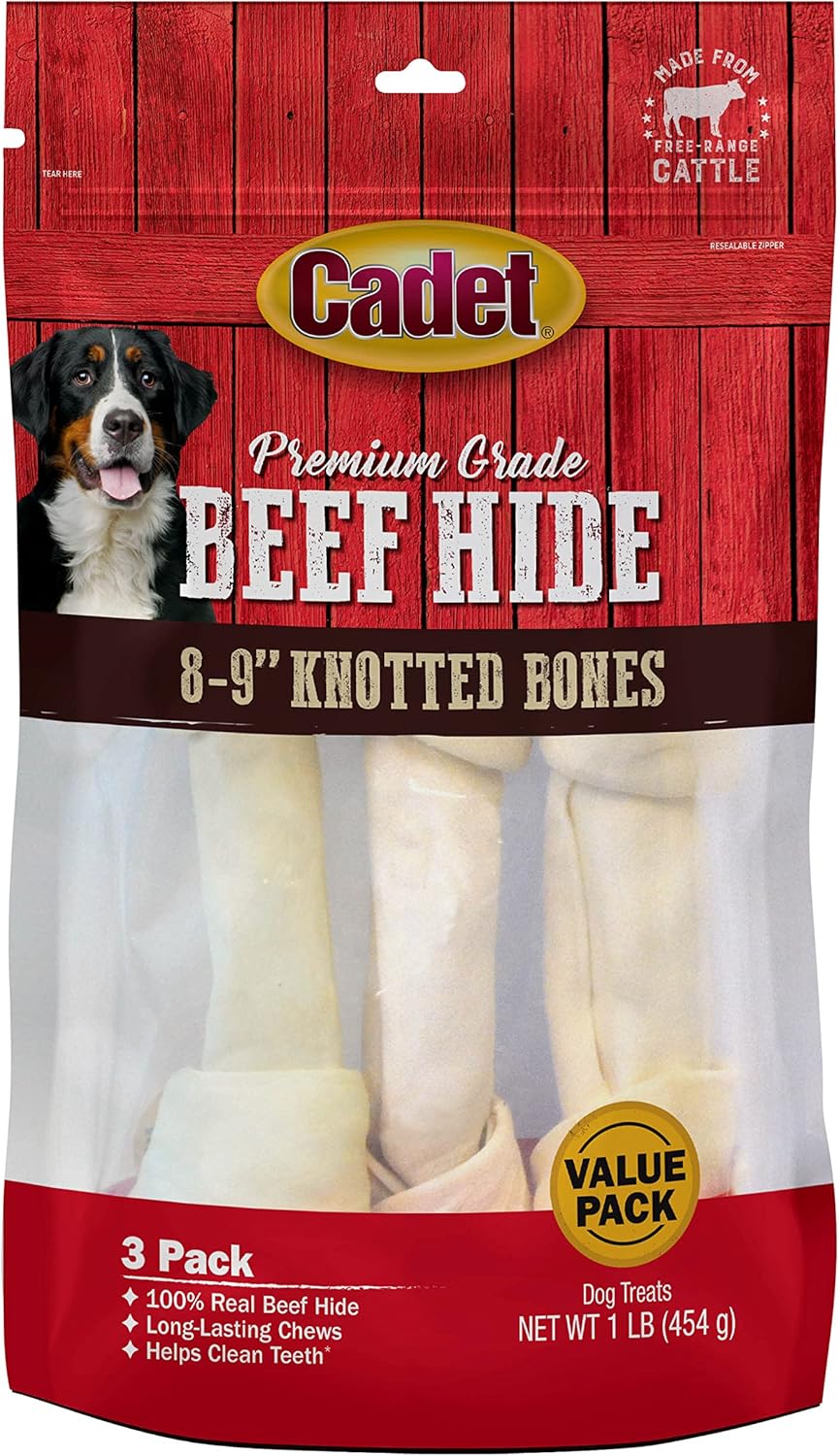 Cadet Premium Grade Beef Hide For Dogs, Long Lasting Rawhide Knotted Bones Single Ingredient Dog Chews, 8"-9" Dog Bones, 3 Pack