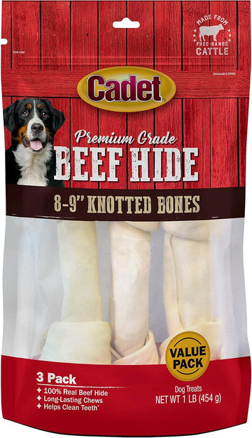 Cadet Premium Grade Beef Hide For Dogs, Long Lasting Rawhide Knotted Bones Single Ingredient Dog Chews, 8"-9" Dog Bones, 3 Pack