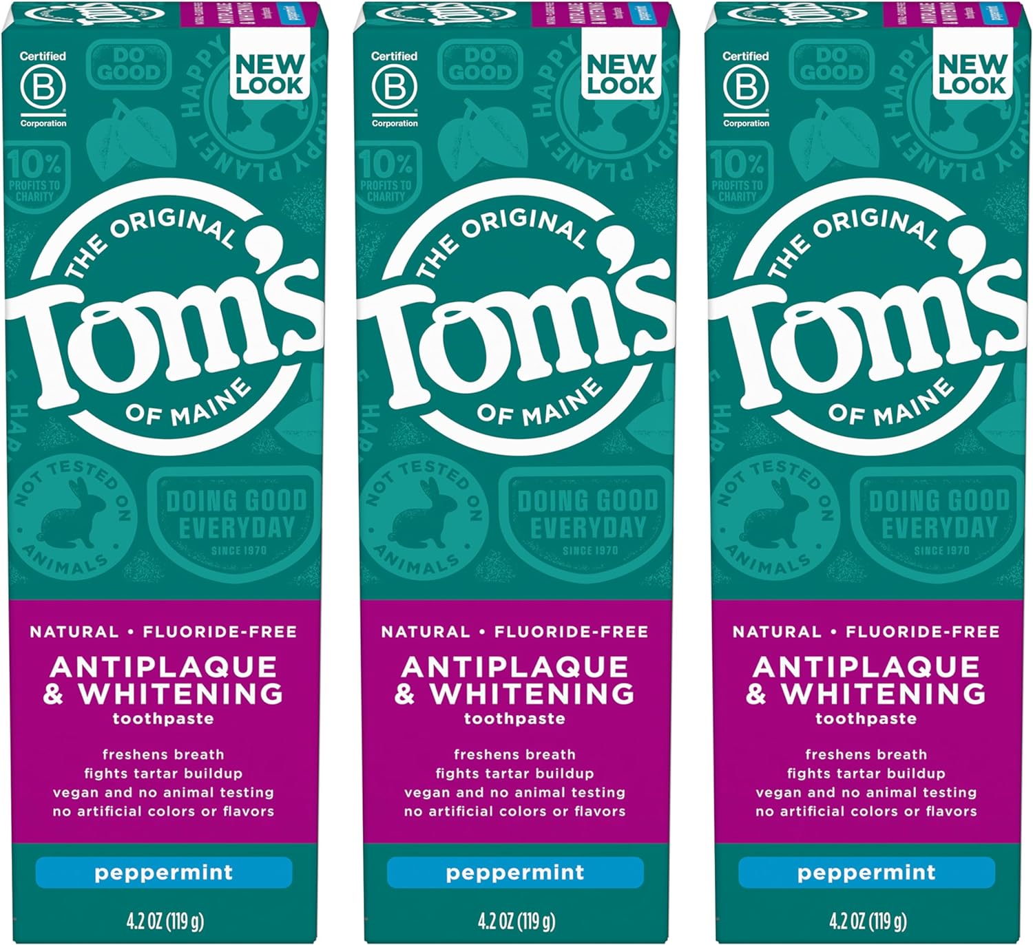 Tom's of Maine Fluoride-Free Antiplaque & Whitening Natural Toothpaste, Peppermint, 4.2 oz. 3-Pack (Packaging May Vary)