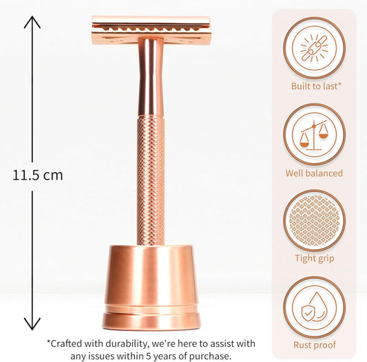 Metal Razor For Women With Safety Razor Stand | Rose Gold Women Razor | Eco Razor Women | Fits All Double Razor Blades | Reusable Razor Women | Zero Plastic | Eco Beauty | Sustainable Home | Bambaw