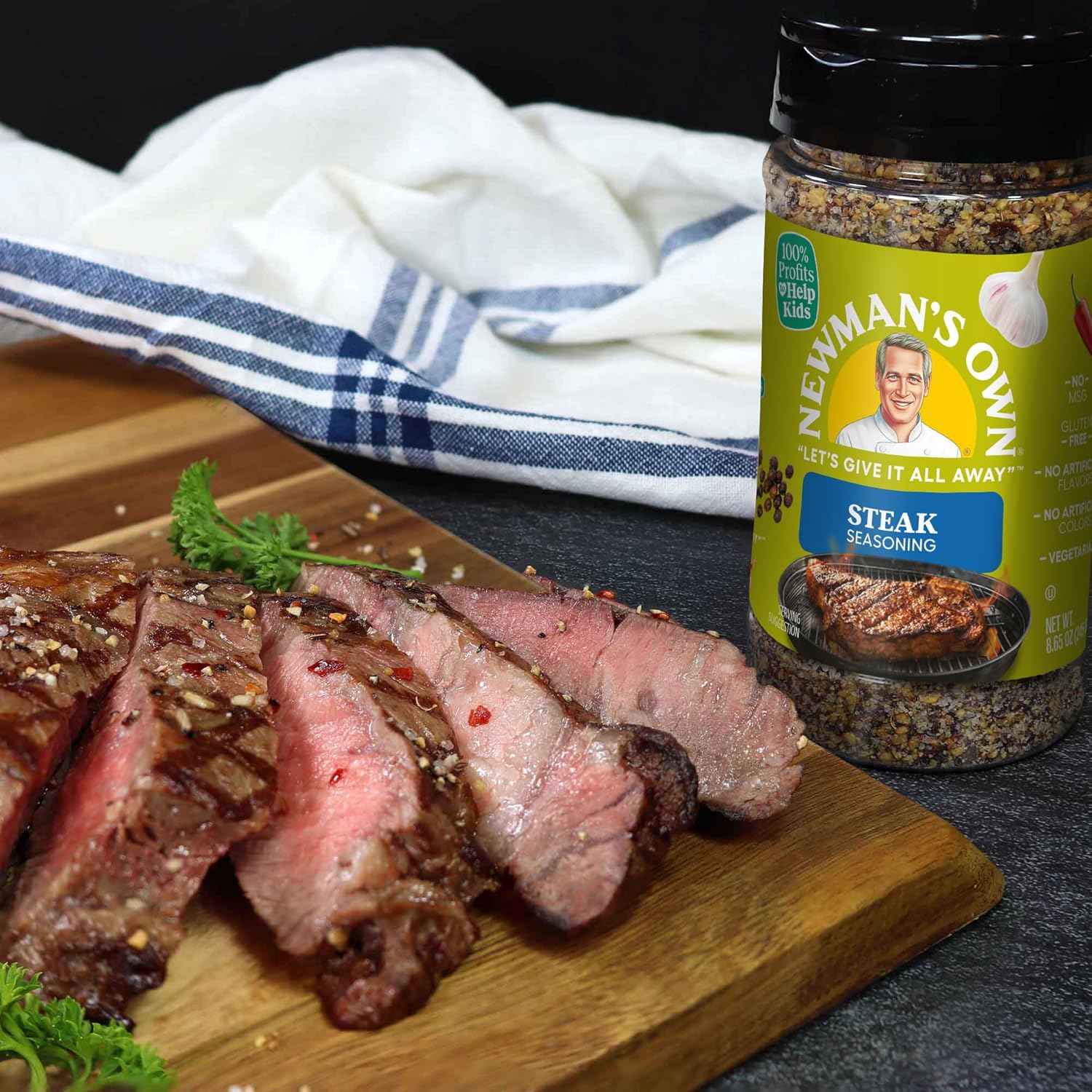 Newman'S Own Steak Seasoning; Perfect Spices For Cooking Ribeye, Tri Tip, Pork Ribs, Bacon, Chicken, Ham, And Ground Turkey; No Msg, Gluten Free; Kosher; 8.65 Oz. Bottle