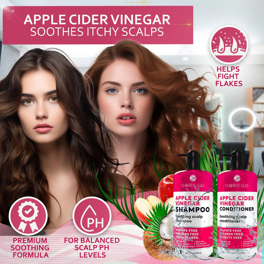 Apple Cider Vinegar Shampoo and Conditioner Set - Stop Flaky and Itchy Scalp – Sulfate Paraben Free Anti Dandruff Soothing Treatment for Dry, Oily and Damaged Hair - Intense Care for Women and Men