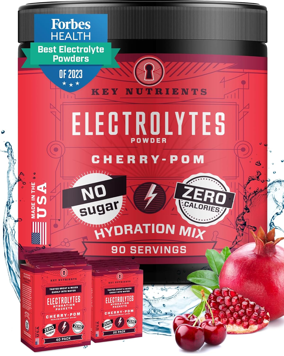 Key Nutrients Multivitamin Electrolytes Powder No Sugar - Sweet Cherry Pom Electrolyte Powder - Endurance & Energy Supplement - Hydration Powder - No Calories - 90 Servings - Made In Usa