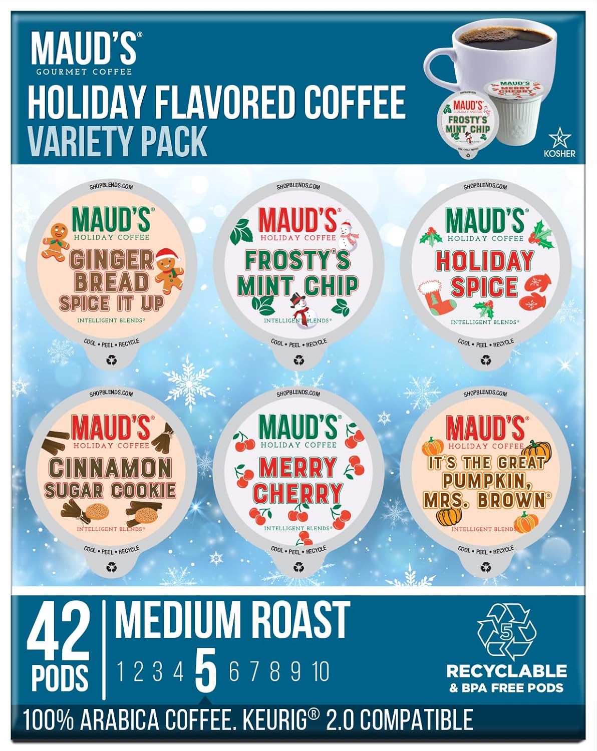 Maud'S Holiday Blend Coffee Pods Variety Pack, 42 Ct, 6 Assorted Flavors, Medium Roast Coffee In Recyclable Single Serve Pods – 100% Arabica Coffee, Compatible With Keurig K Cups Maker